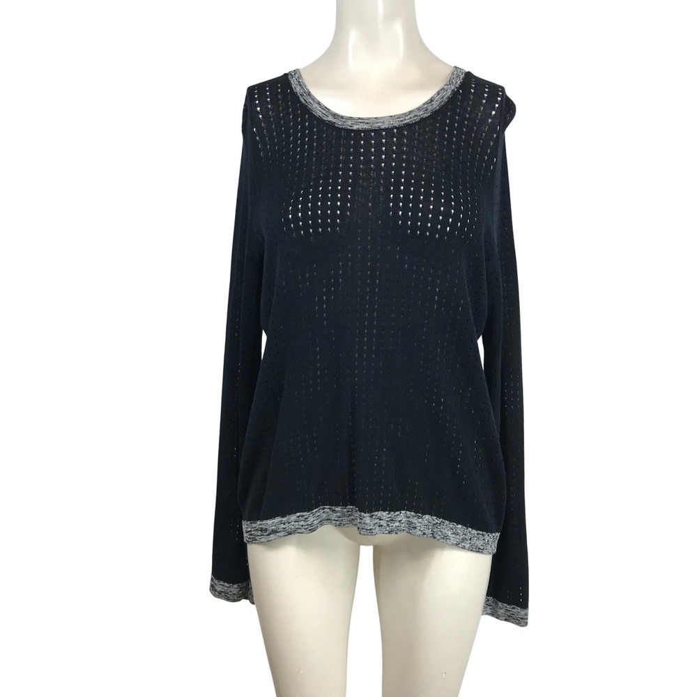 Rag &‎ Bone Black Open Knit Cotton Split Back Sweater Grey Trim Womens Size M